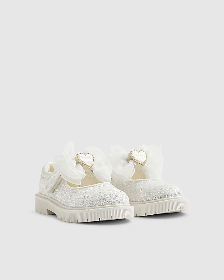 River Island Mini Girls White Glitter Bow Mary Jane Shoes