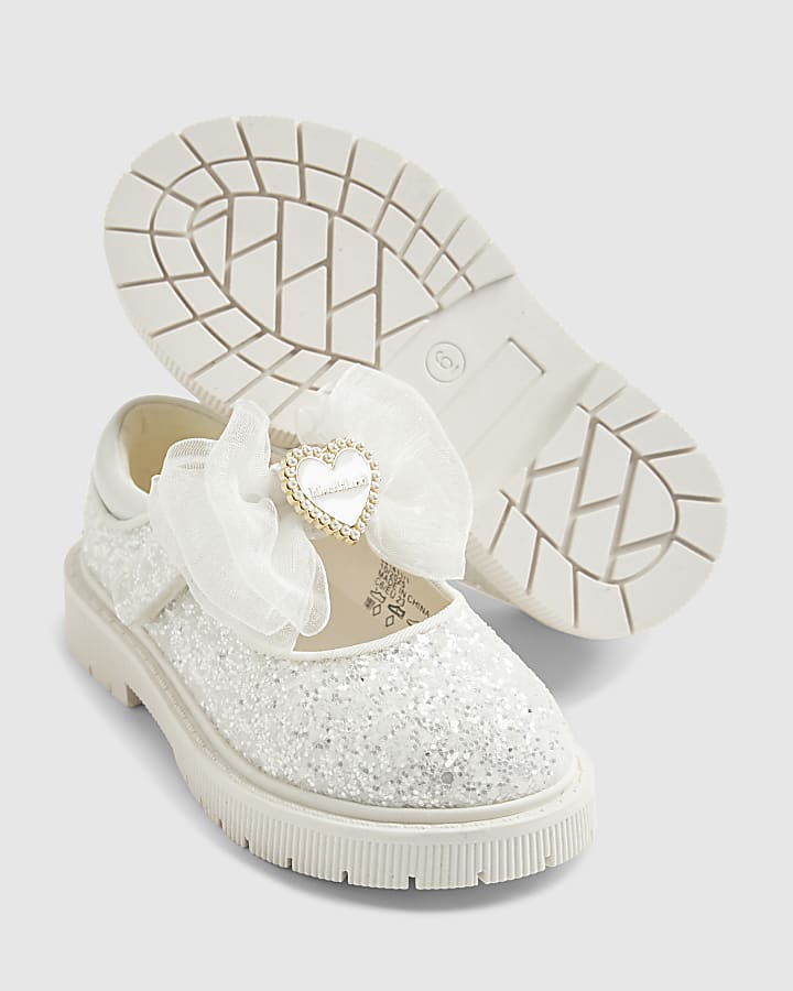 River Island Mini Girls White Glitter Bow Mary Jane Shoes