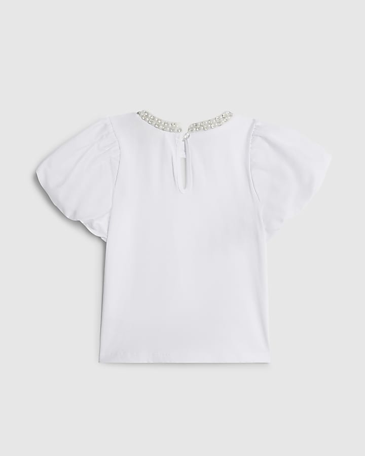 River Island Mini Girls White Pearl Necklace T-Shirt