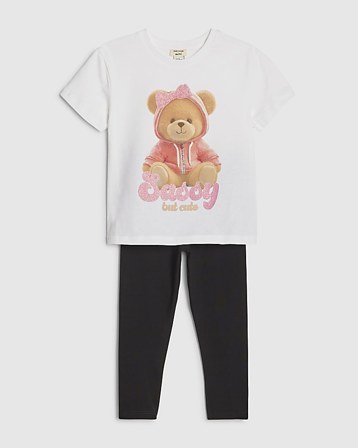 River Island Mini Girls White Sassy Bear T-Shirt Set