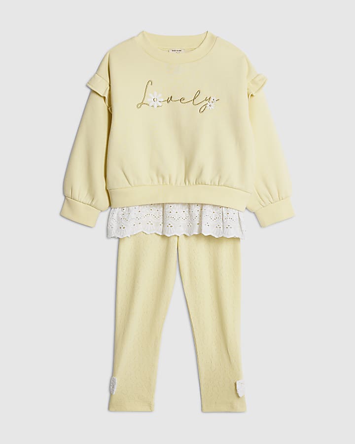 River Island Mini Girls Yellow Broderie Hem Sweatshirt Set