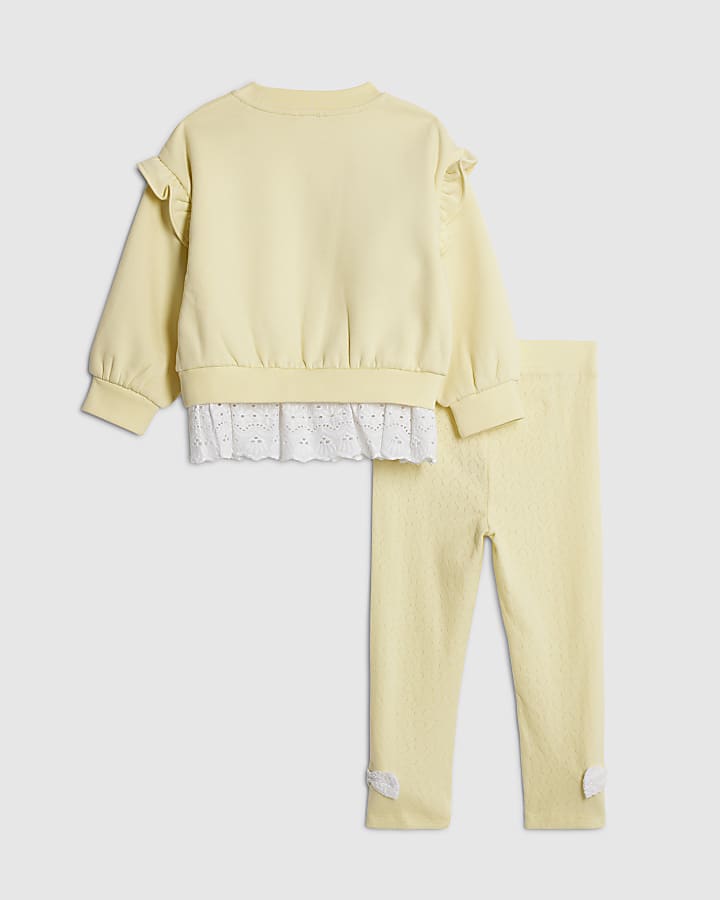 River Island Mini Girls Yellow Broderie Hem Sweatshirt Set