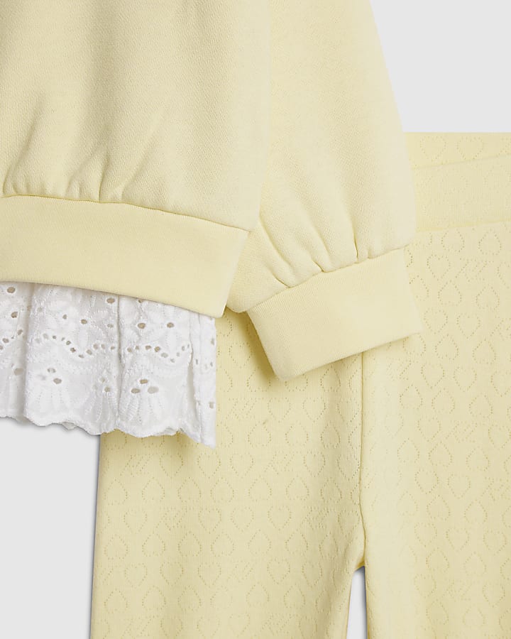 river island Mini Girls Yellow Broderie Hem Sweatshirt Set