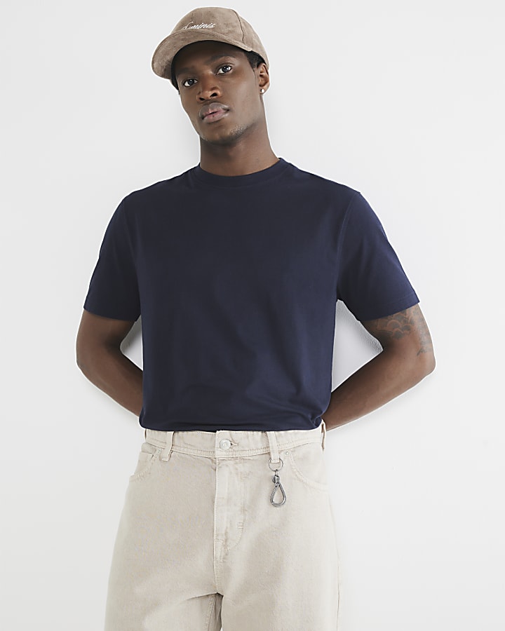 River Island Navy 3 Pack Short Sleeve Slim Fit T-Shirt