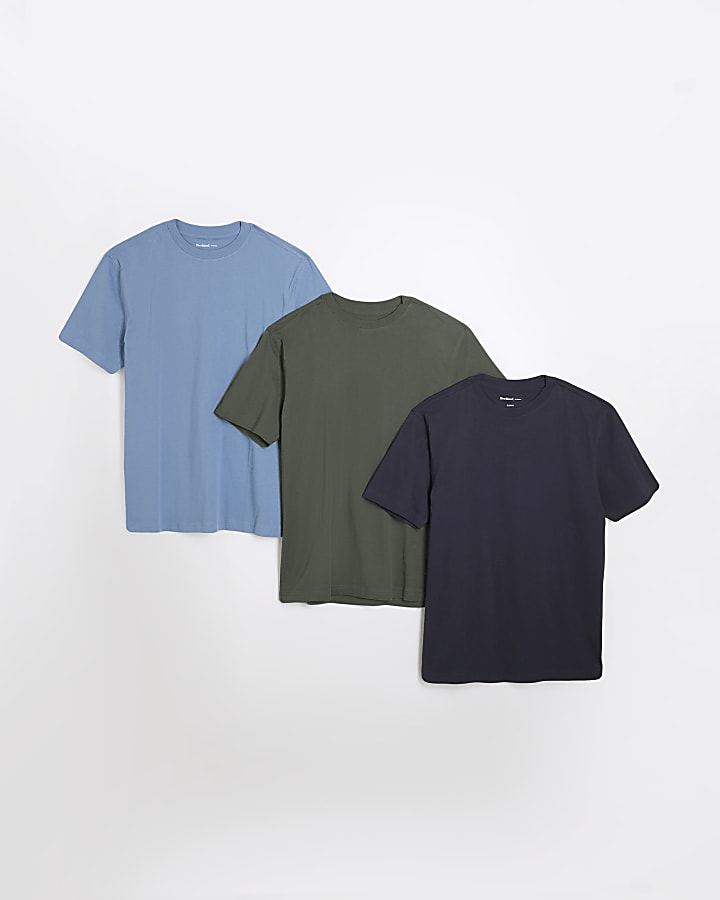 river island Navy 3 Pack Short Sleeve Slim Fit T-Shirt