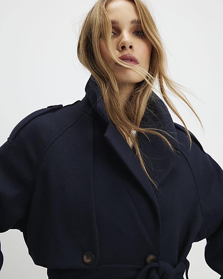 River Island Navy Double Breasted Belted Trench Coat