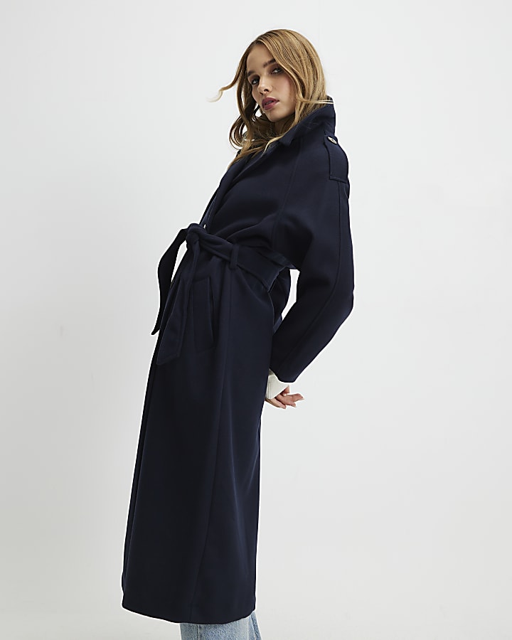 River Island Navy Double Breasted Belted Trench Coat
