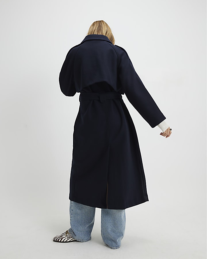 River Island Navy Double Breasted Belted Trench Coat