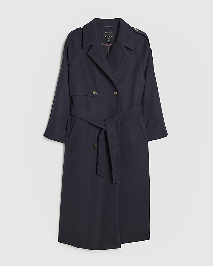 river island Navy Double Breasted Belted Trench Coat