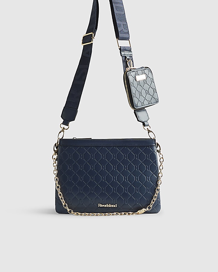 River Island Navy Embossed Chain Front Cross Body Bag