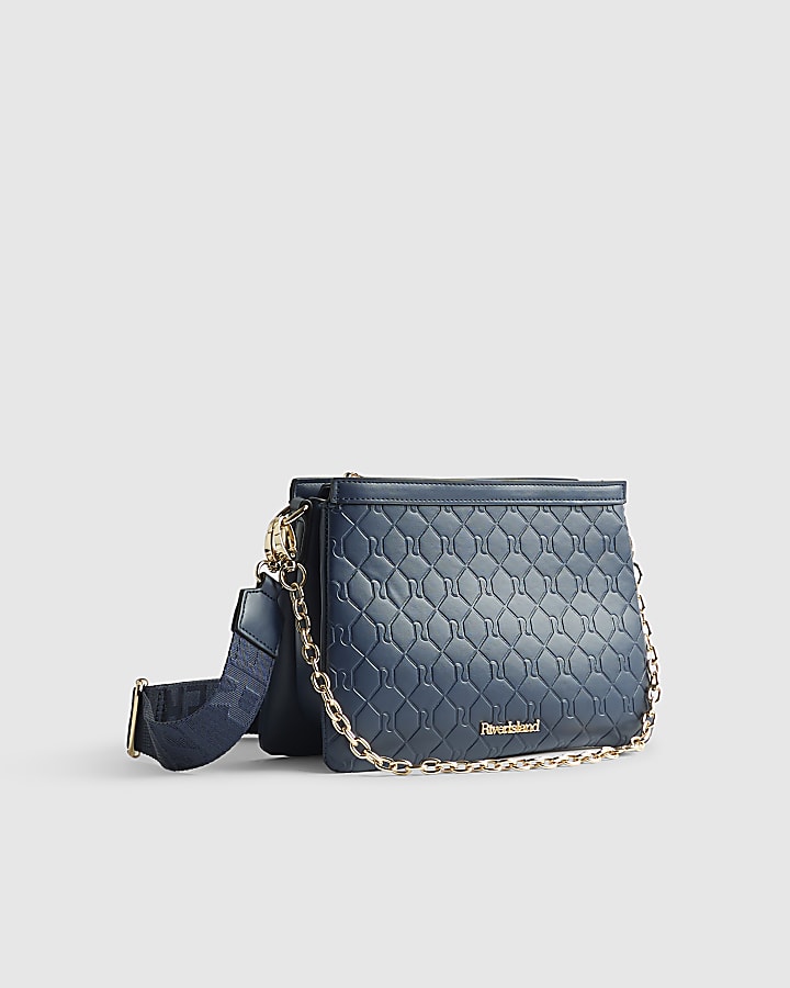 River Island Navy Embossed Chain Front Cross Body Bag