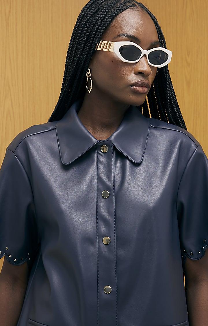 River Island Navy Faux Leather Scallop Trim Studded Dress