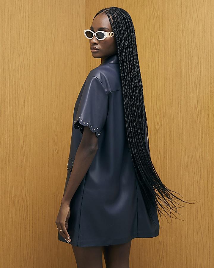 River Island Navy Faux Leather Scallop Trim Studded Dress