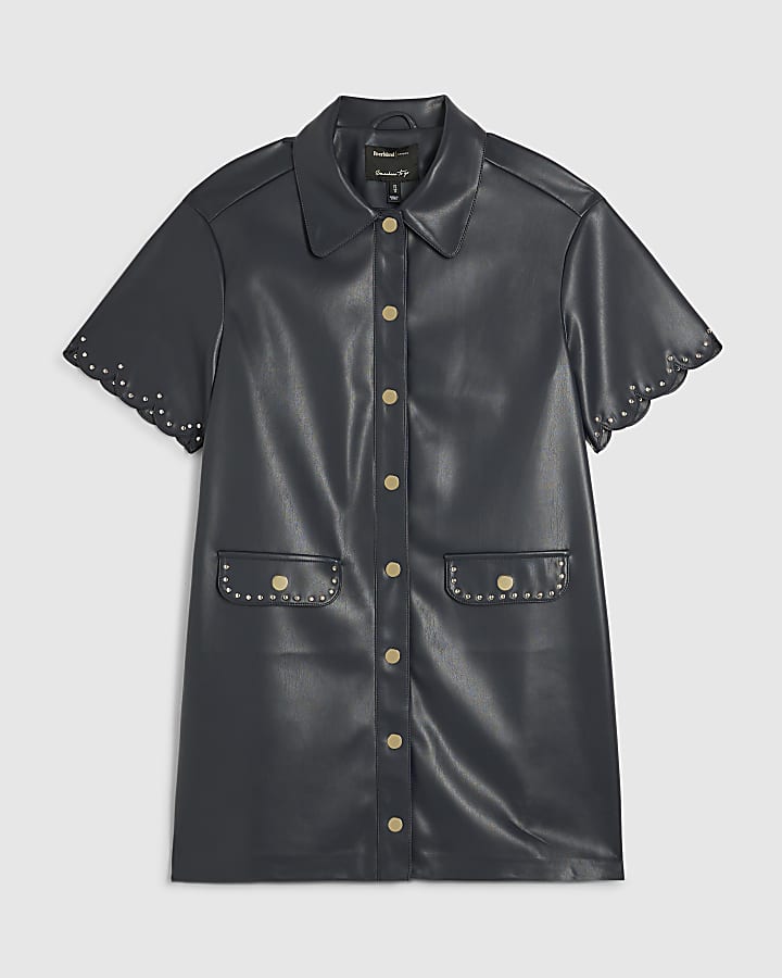 river island Navy Faux Leather Scallop Trim Studded Dress