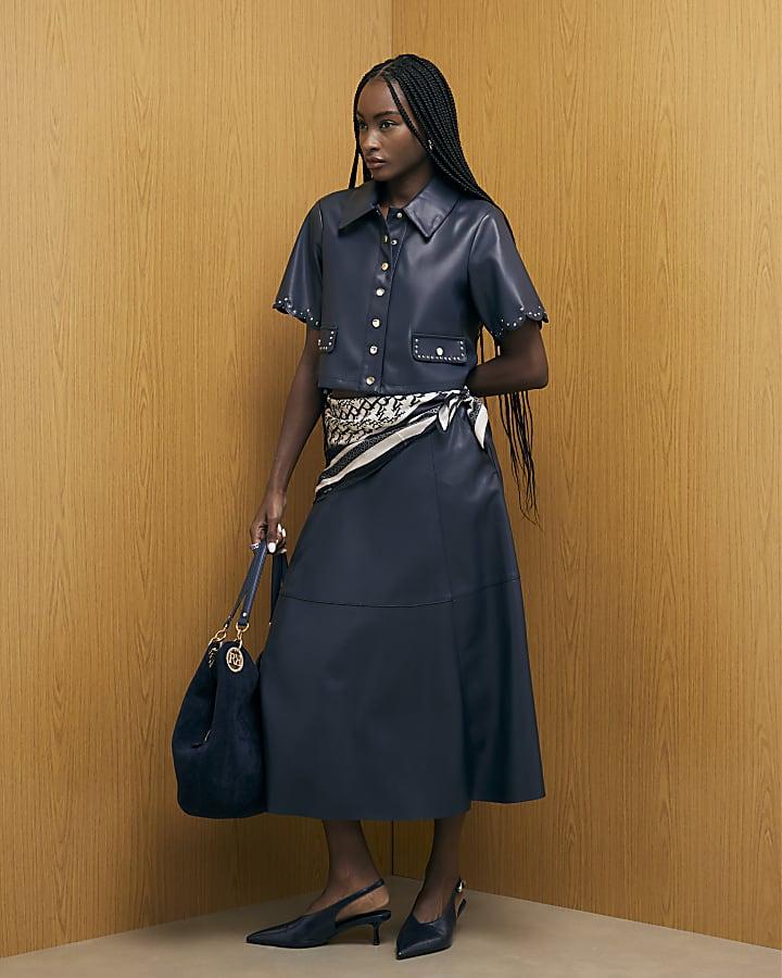 River Island Navy Faux Leather Scallop Trim Studded Top