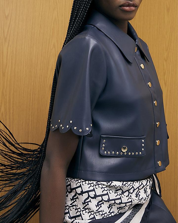 River Island Navy Faux Leather Scallop Trim Studded Top