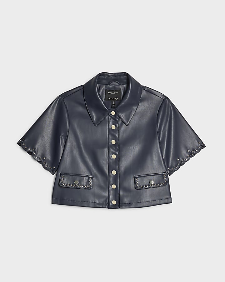 river island Navy Faux Leather Scallop Trim Studded Top