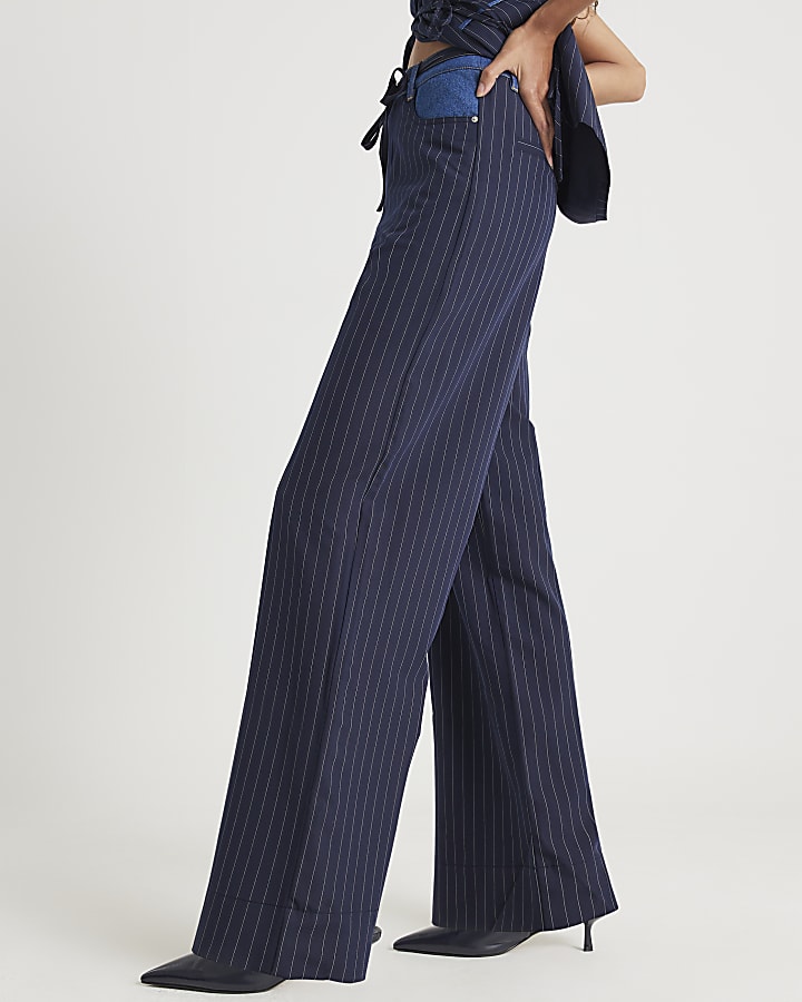 River Island Navy Hybrid Pinstripe Tailored Trousers