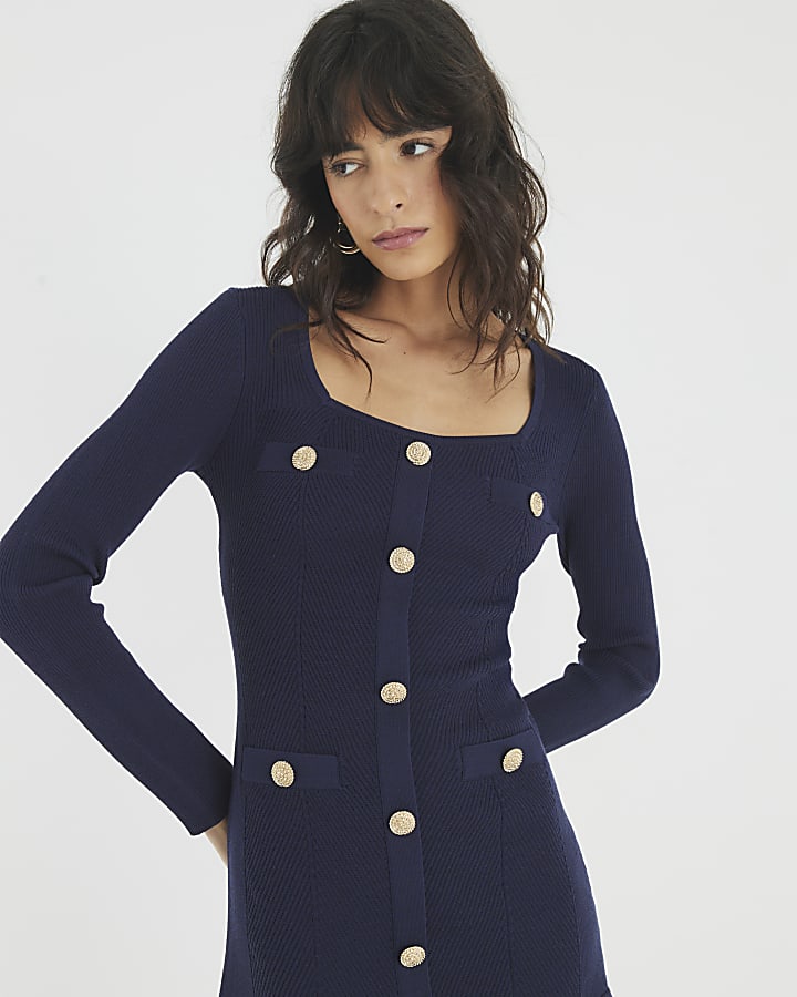 River Island Navy Knitted Long Sleeve Peplum Mini Dress