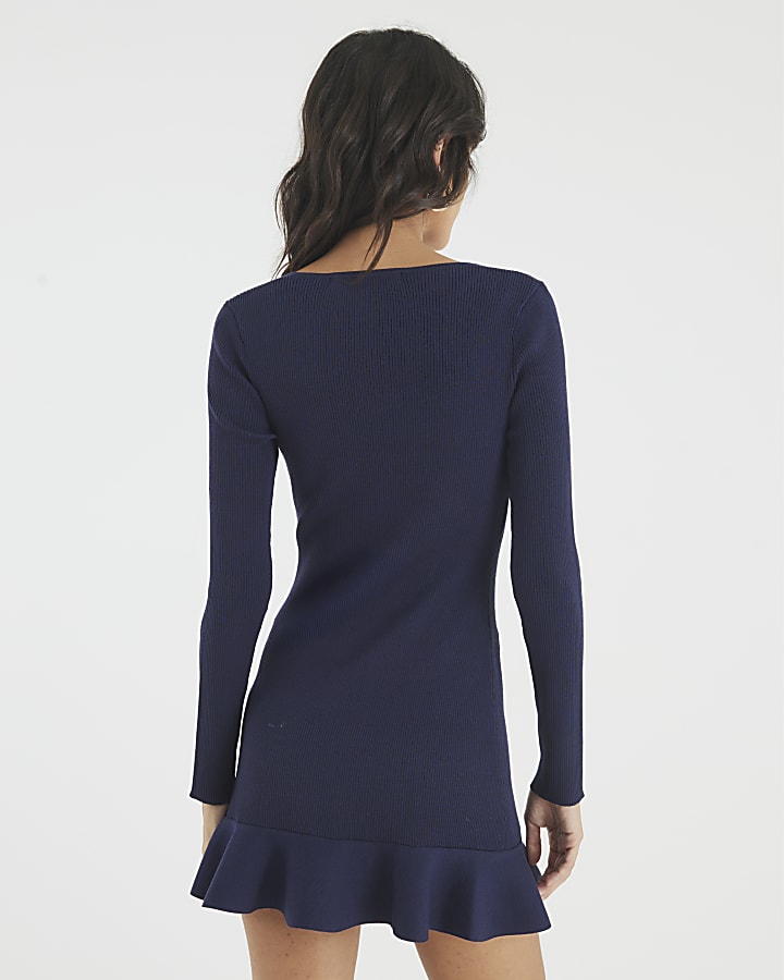 River Island Navy Knitted Long Sleeve Peplum Mini Dress