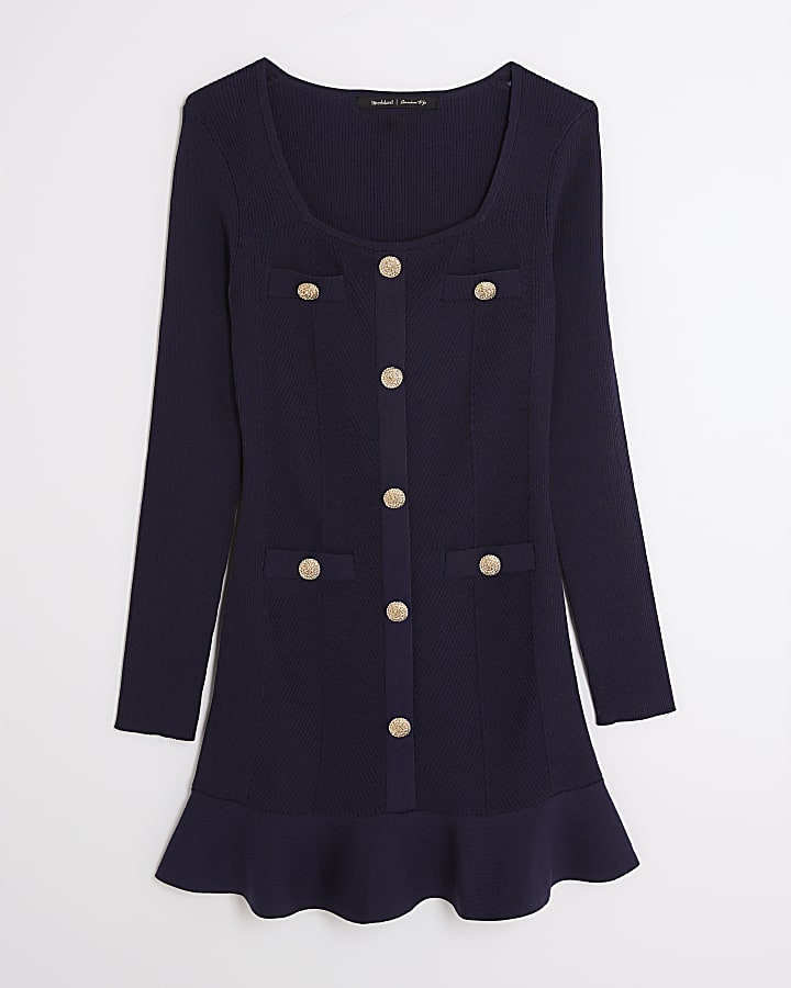 river island Navy Knitted Long Sleeve Peplum Mini Dress