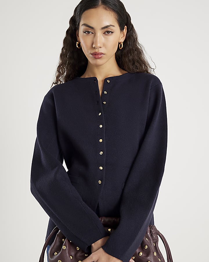 River Island Navy Knitted Long Sleeve Structured Cardigan