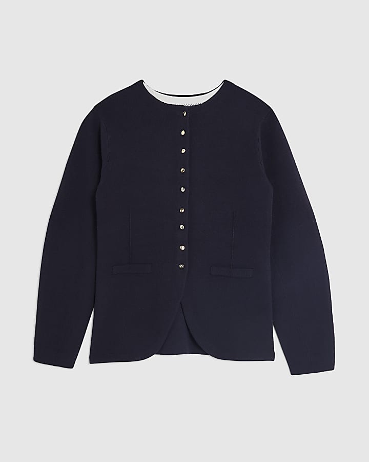 river island Navy Knitted Long Sleeve Structured Cardigan