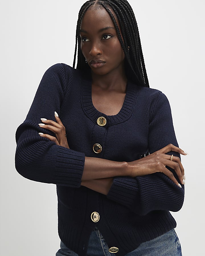 River Island Navy Knitted Scoop Neck Drape Cardigan
