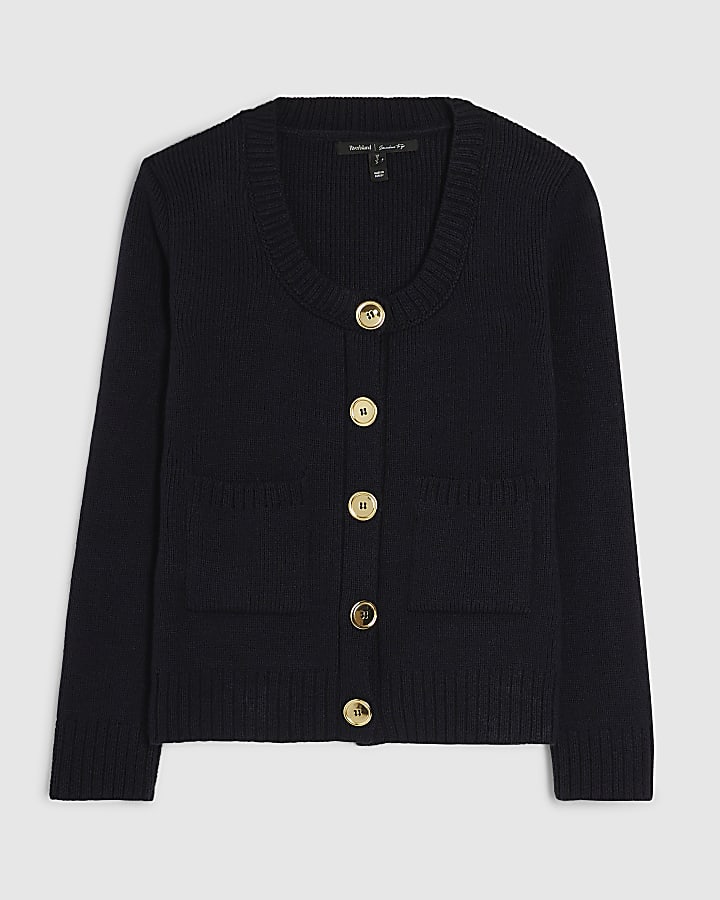 river island Navy Knitted Scoop Neck Drape Cardigan