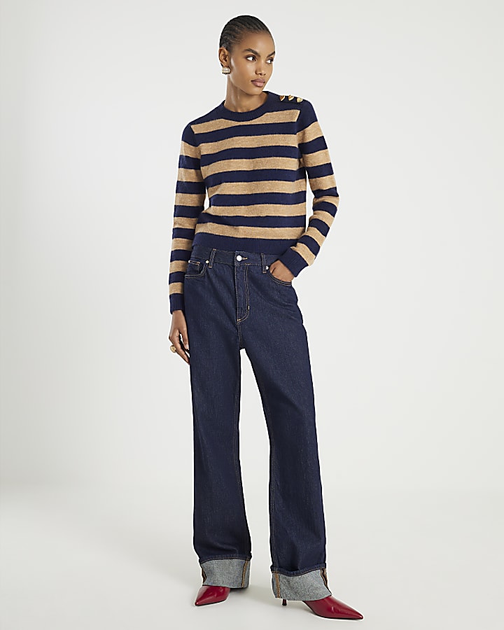River Island Navy Knitted Stripe Heart Button Jumper