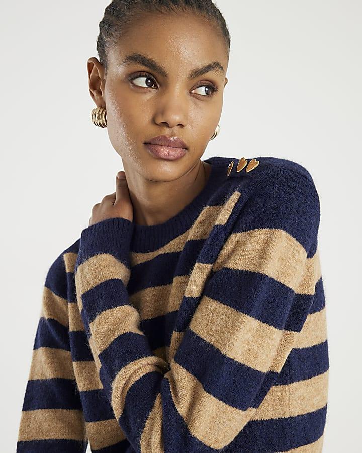 River Island Navy Knitted Stripe Heart Button Jumper
