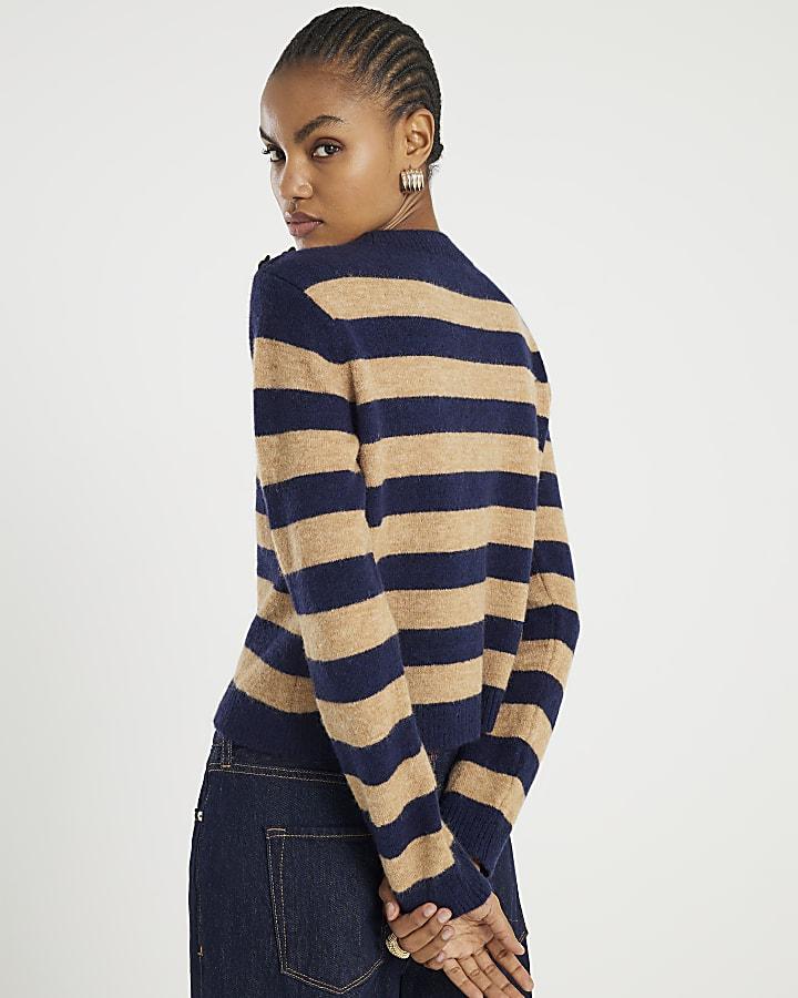 River Island Navy Knitted Stripe Heart Button Jumper