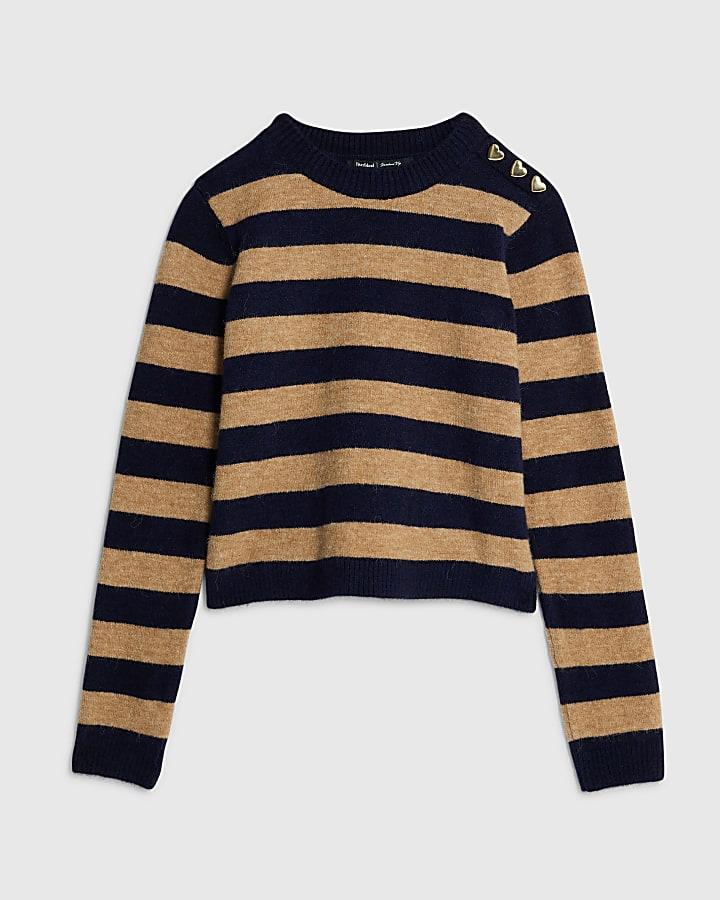 river island Navy Knitted Stripe Heart Button jumper