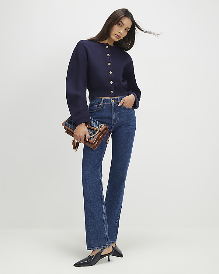 River Island Navy Knitted Structured Sleeve Cardigan