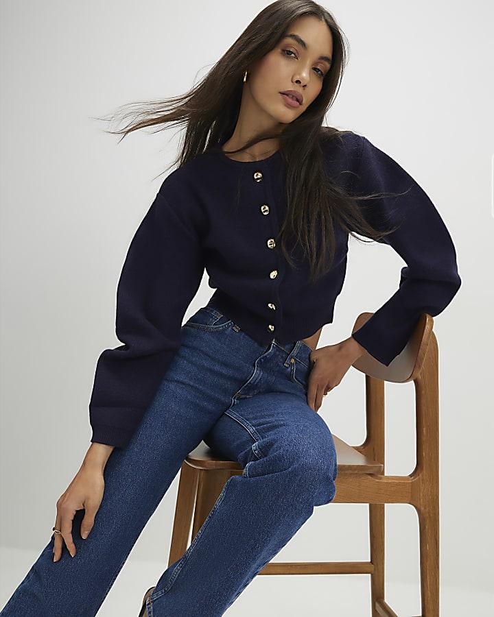 River Island Navy Knitted Structured Sleeve Cardigan