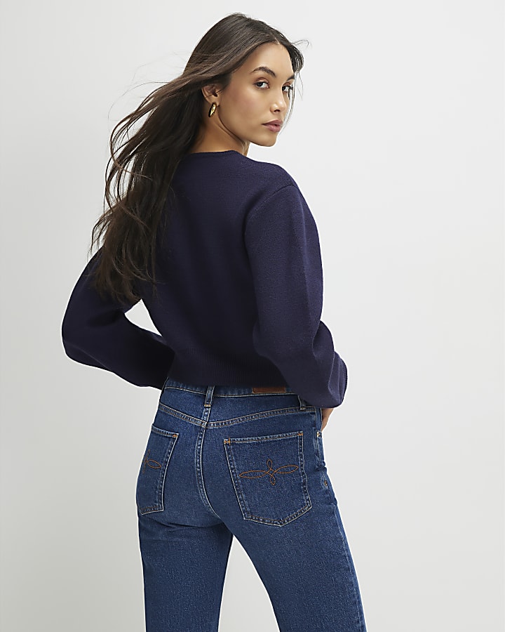 River Island Navy Knitted Structured Sleeve Cardigan