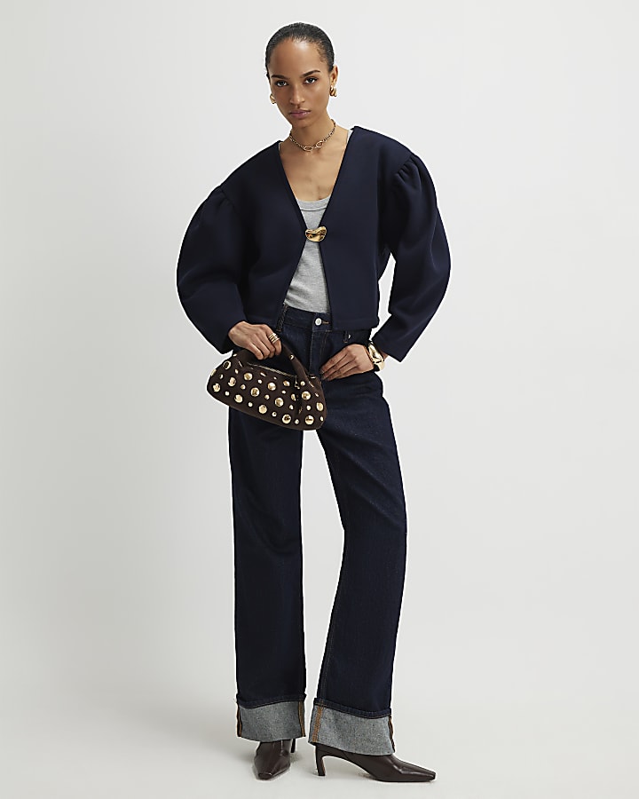 River Island Navy Long Sleeve Button Detail Cardigan