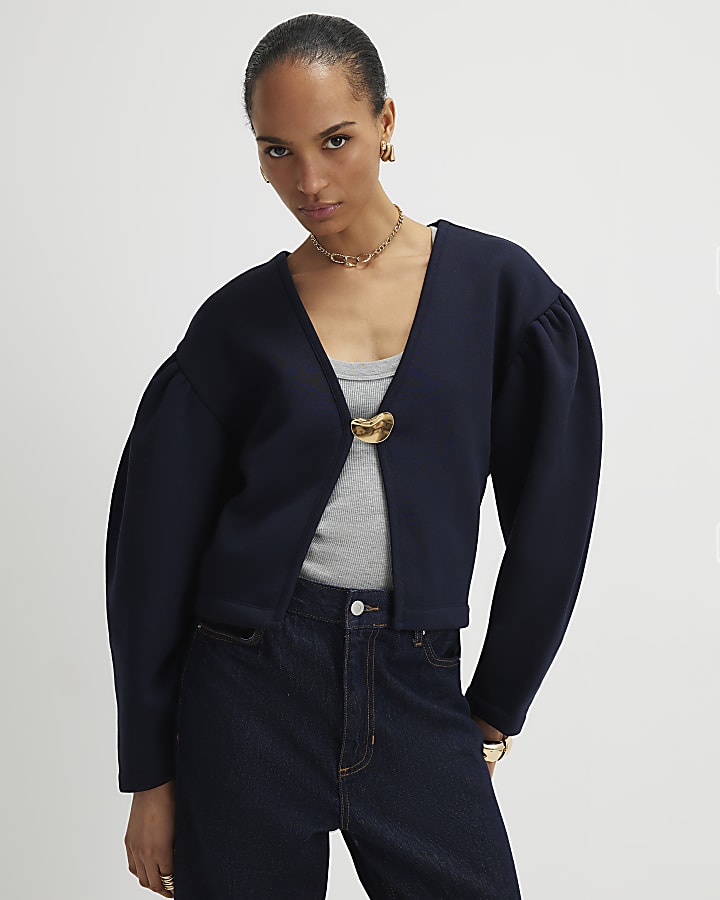 River Island Navy Long Sleeve Button Detail Cardigan