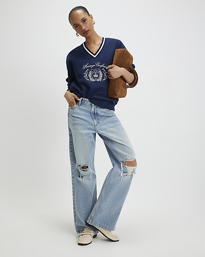River Island Navy Long Sleeve Heritage Crest Sweatshirt