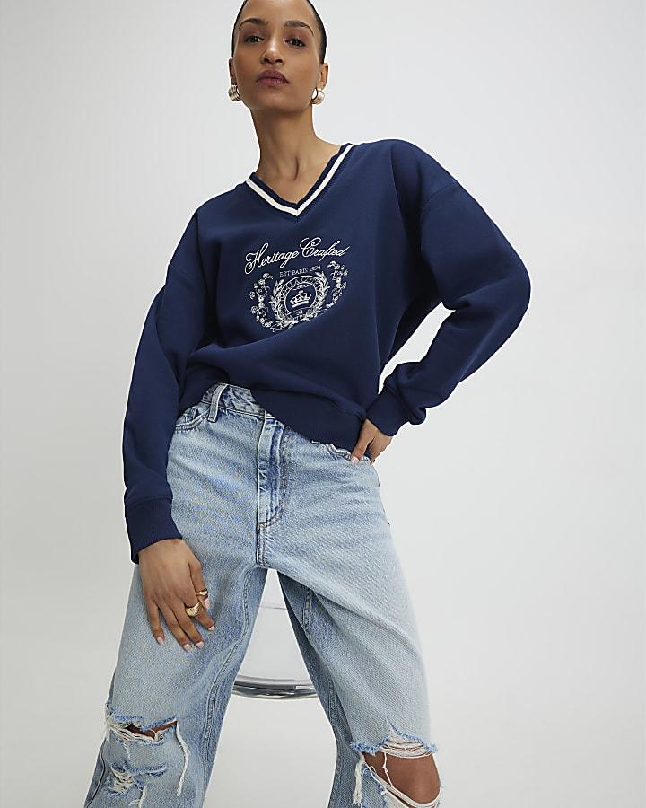 River Island Navy Long Sleeve Heritage Crest Sweatshirt