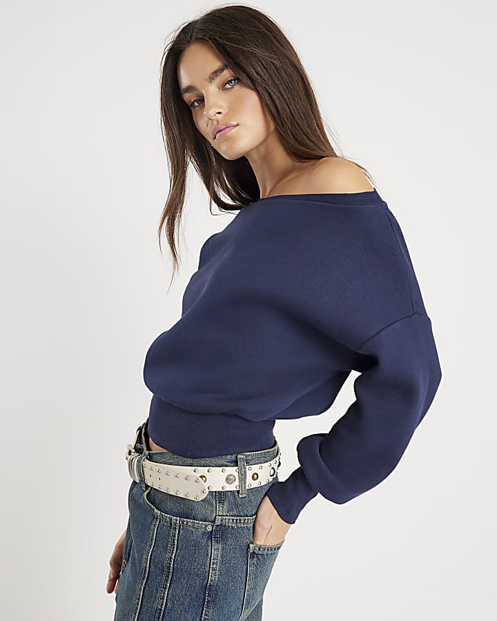 River Island Navy Long Sleeve Off Shoulder Sweatshirt
