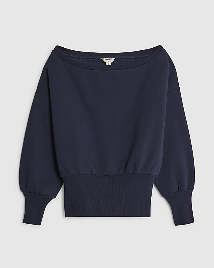 river island Navy Long Sleeve Off Shoulder Sweatshirt