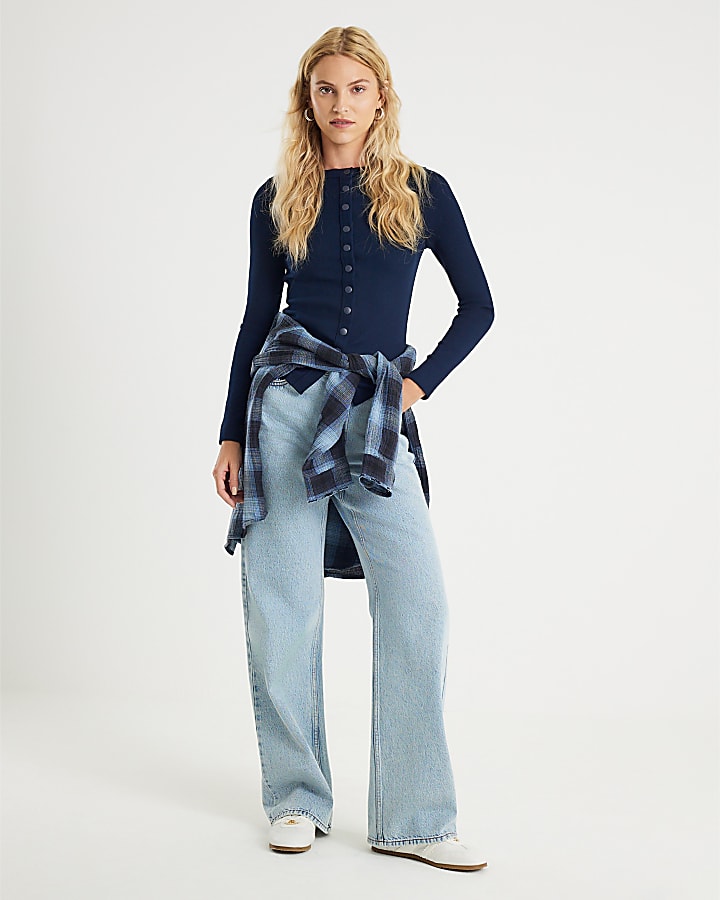 River Island Navy Long Sleeve Popper Through Ribbed Top