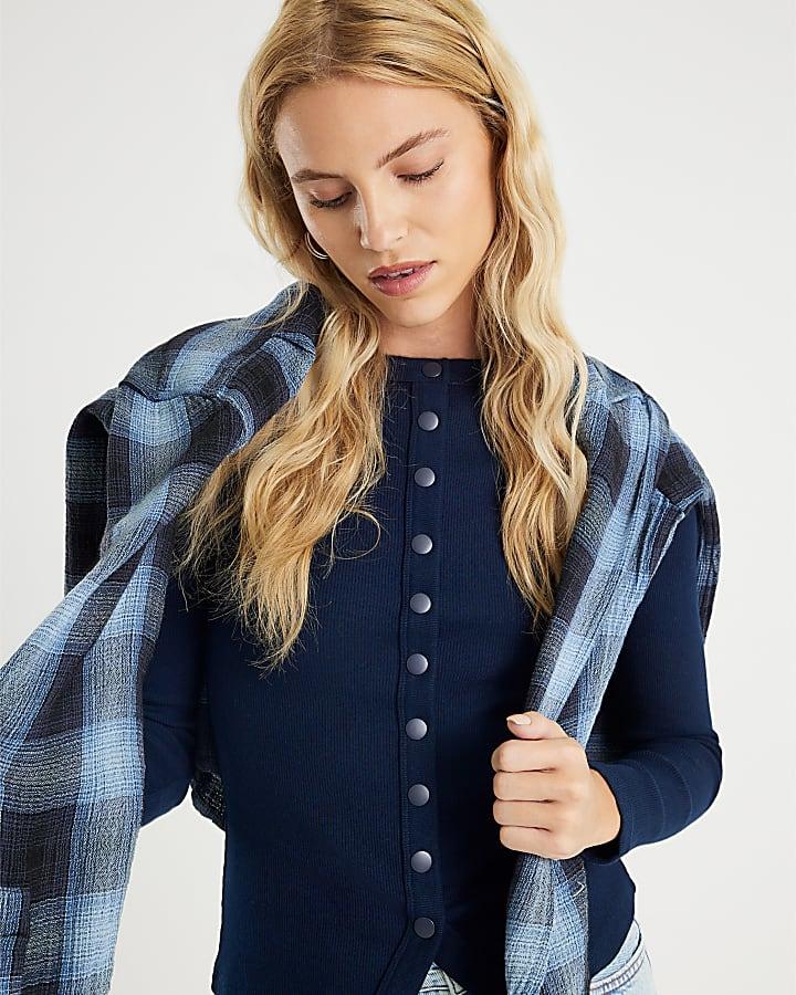 River Island Navy Long Sleeve Popper Through Ribbed Top