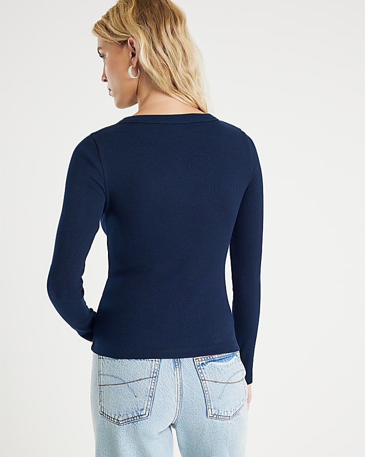 River Island Navy Long Sleeve Popper Through Ribbed Top