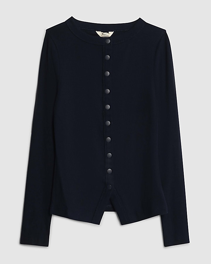 river island Navy Long Sleeve Popper Through Ribbed Top