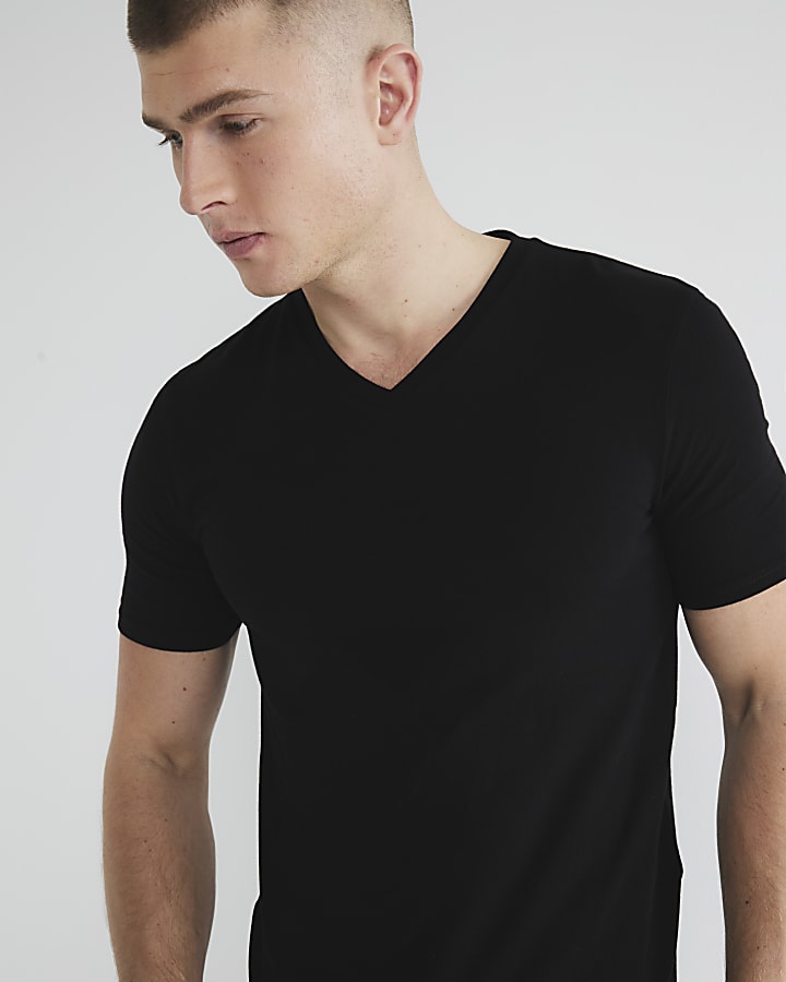 River Island Navy Mix 3 Pack Muscle Fit V Neck T-Shirts