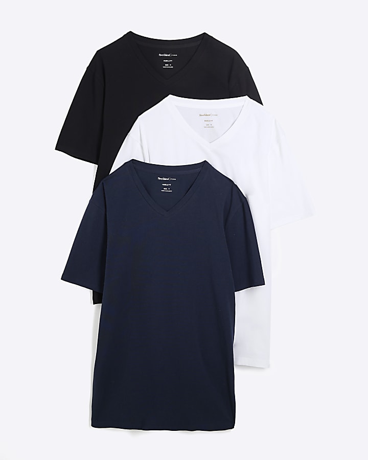 river island Navy Mix 3 pack Muscle Fit V Neck T-Shirts