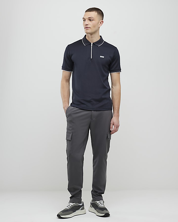 River Island Navy Muscle Fit Les Amis Stripe Polo Shirt