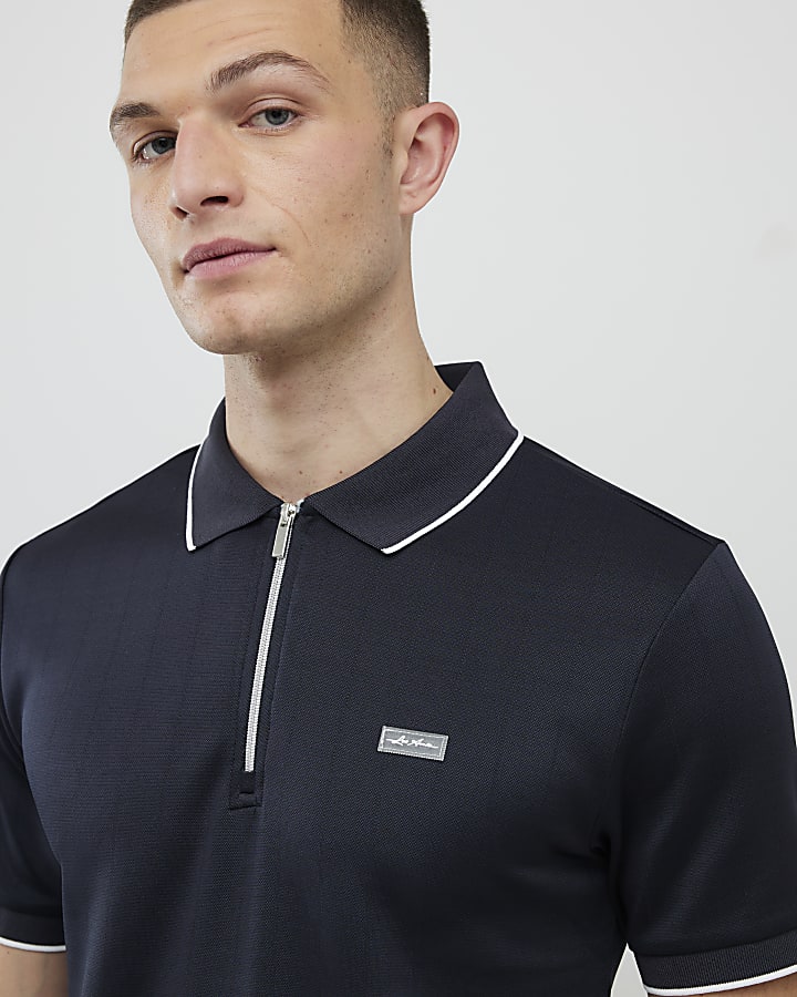 River Island Navy Muscle Fit Les Amis Stripe Polo Shirt